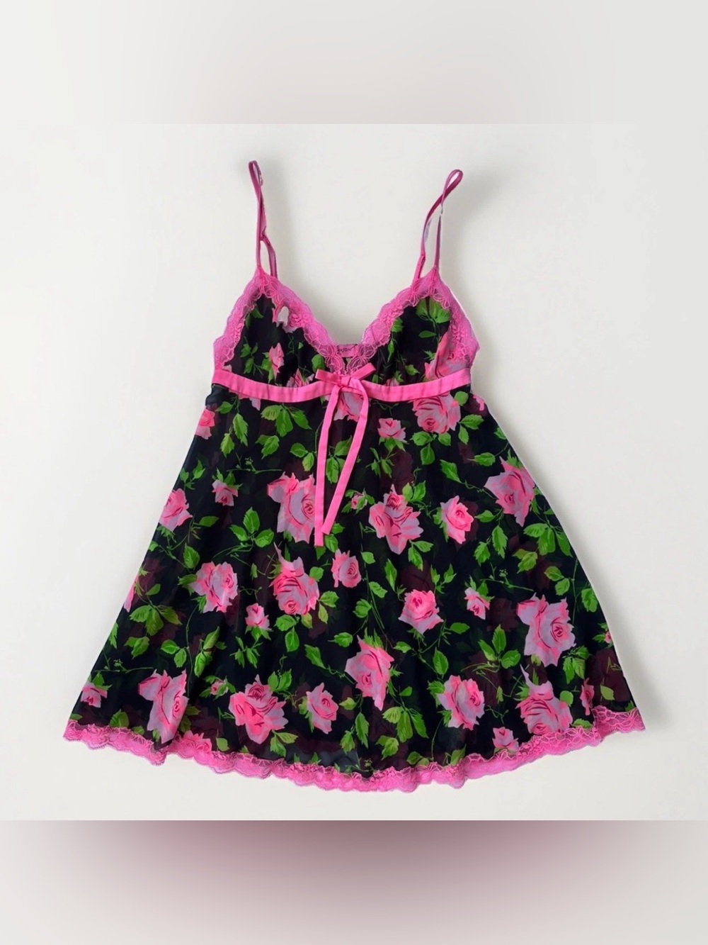 🖤🌹 Vintage Betsey Johnson Intimates Babydoll Nightie Sheer Rose Lace Y2K Small